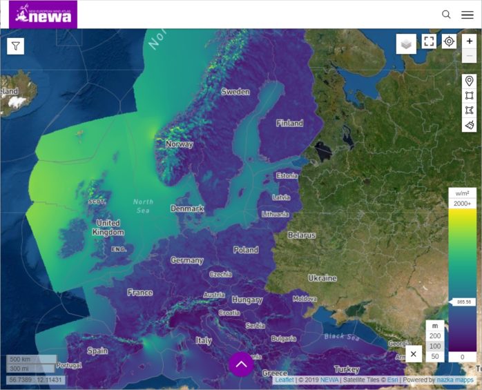 Abbildung: Mittlere Windgeschwindigkeit über Europa aus NEWA (Screenshot aus map.neweuropeanwindatlas.eu) .