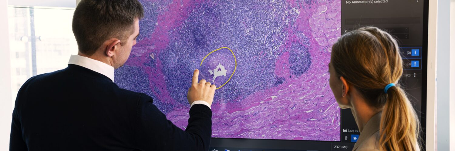 Two researchers are working with digital pathology software MICAIA