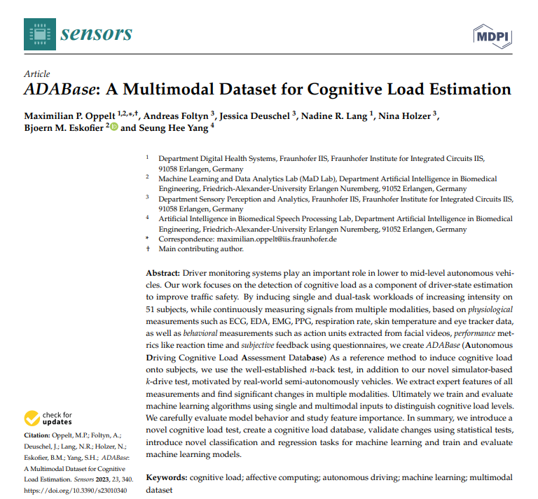 Screenshot of the paper "ADABase: A Multimodal Dataset for Cognitive Load Estimation" by Oppelt et al. (2023)